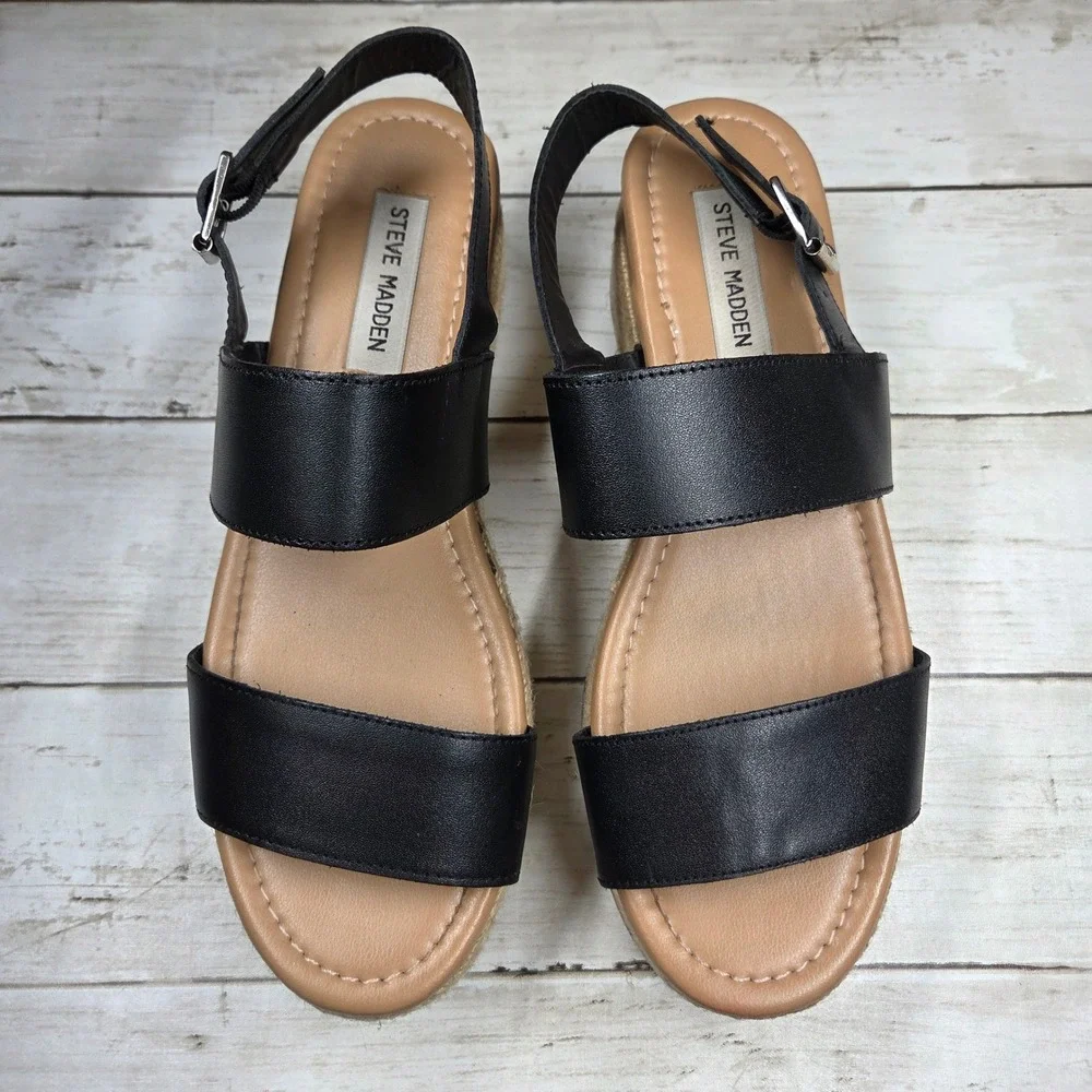 Steve Madden Fifer Platform Espadrille Sandal Women 9.5M Black Leather Studded
